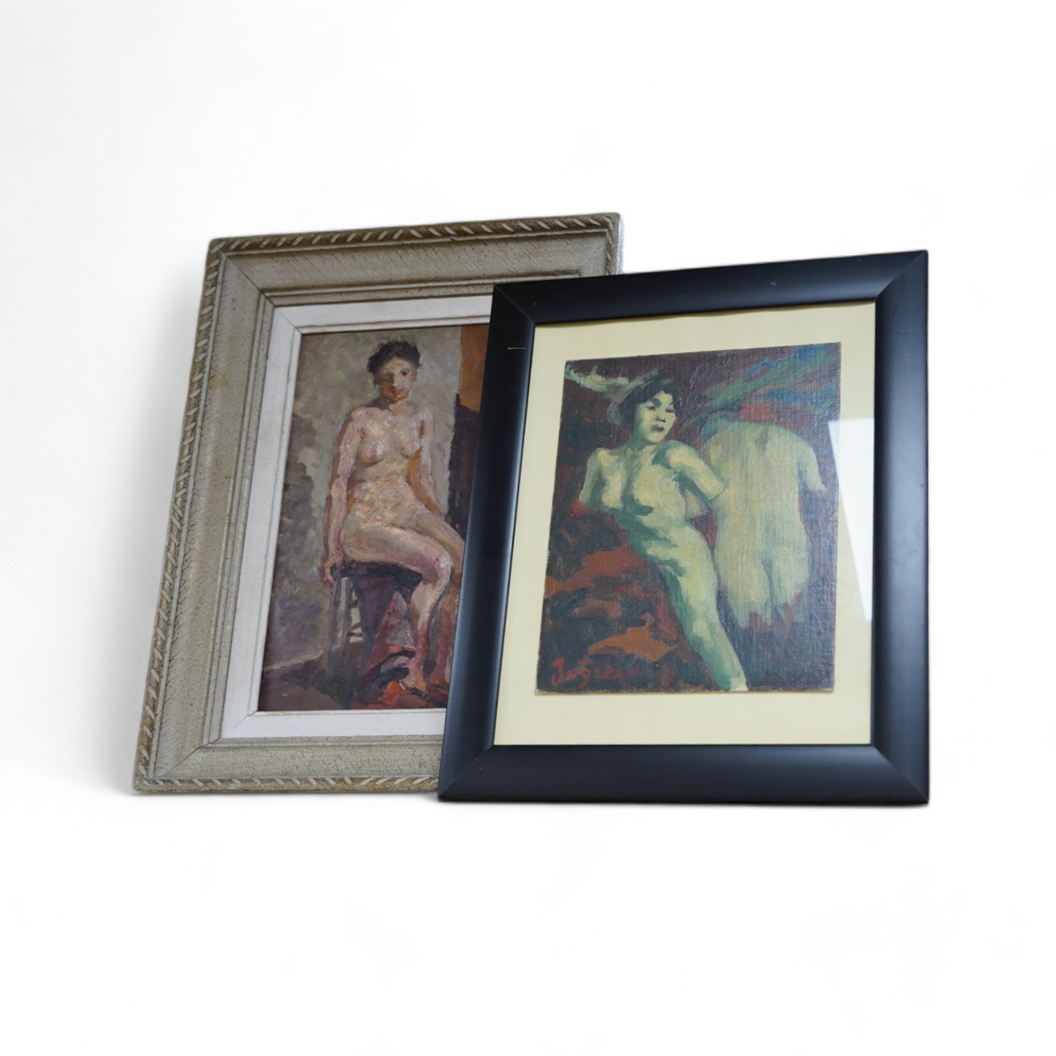 20th century French School, oil on board, Study of a nude lady and another, indistinctly signed, largest 34 x 22cm. Condition - good